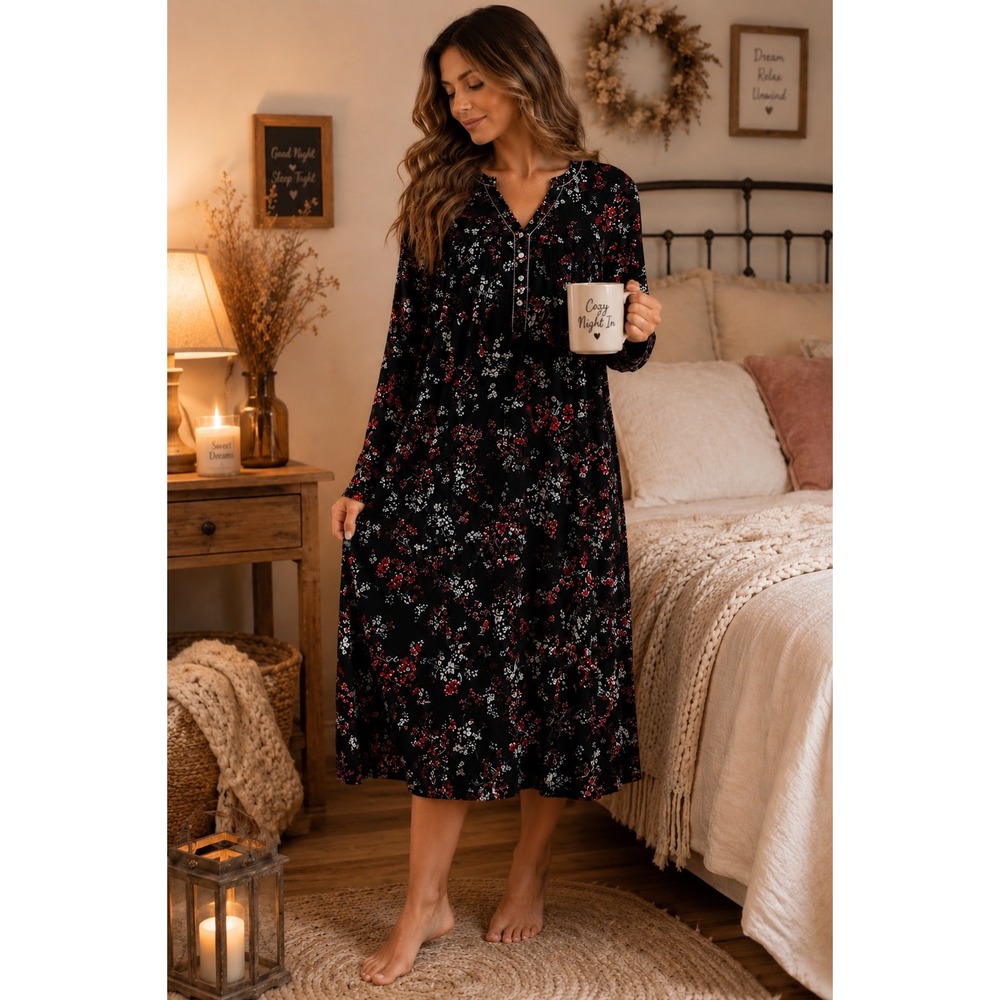 Aria Collection Black Floral Fleece Nightgown Long Sleeve Pockets L 12-14